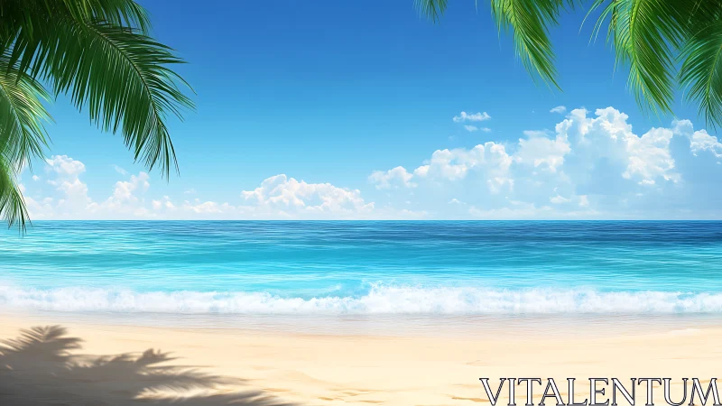 Tropical Coastal Seascape with Palm Fronds and Gradient Sky Rendering