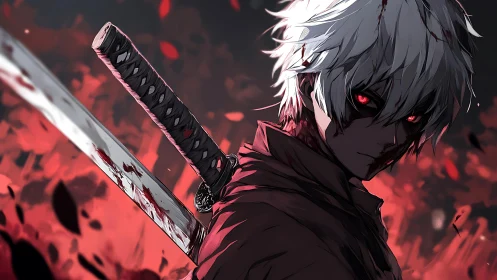 White haired swordsman with red eyes in scarlet haze.