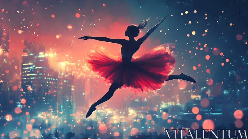 Ballerina silhouette soars above neon city night skyline.