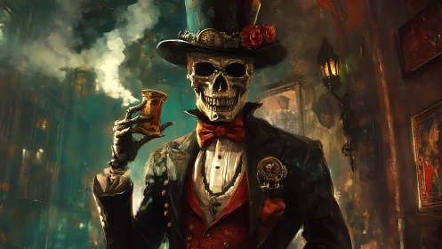 Dapper skeletal gentleman raising a toasting glass in smoke.