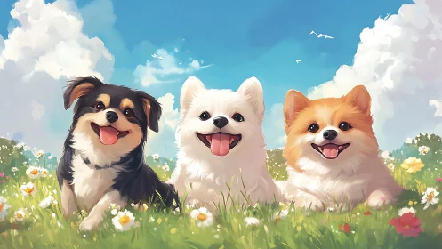 Playful trio of fluffy dogs in bright floral meadow illustration.
