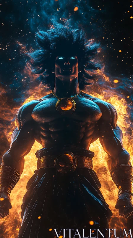 Celestial fire titan emerging from cosmic inferno blaze.