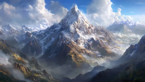 Snow-capped central peak within layered mountain range.