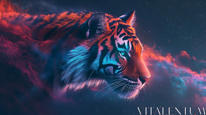 Neon-lit tiger head traverses a cosmic nebular stream in profile