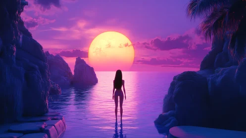 Solitary figure watches neon sunset over tranquil purple sea