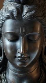 Close frontal view of dark metal serene-faced sculpture.
