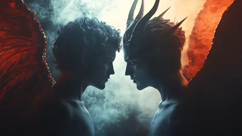 Angelic and demonic twins confront each other in smoky light