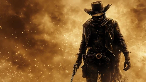 Lone gunslinger in dust storm with revolver drawn
