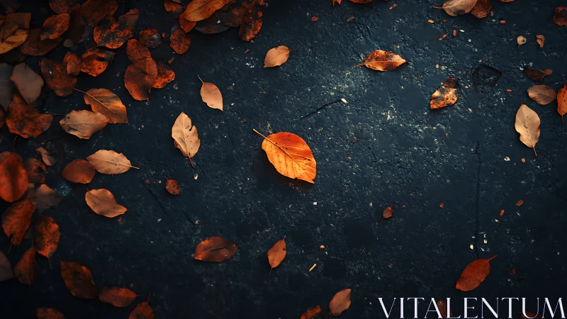 Single orange leaf on dark textured asphalt ground.