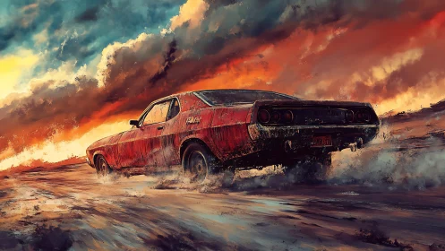 Red muscle car crossing wet terrain under dramatic sky.