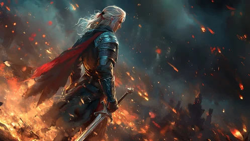 Silver-haired knight stands defiant amid blazing battlefield.