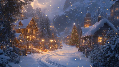 Snow-covered alpine village street uses warm bokeh lighting contrast