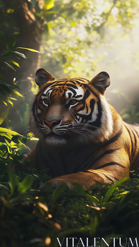 Resting tiger in dense green jungle with warm sunlight.