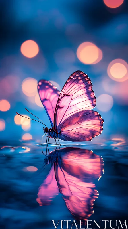 Digital painting of luminous butterfly with reflective bokeh background.