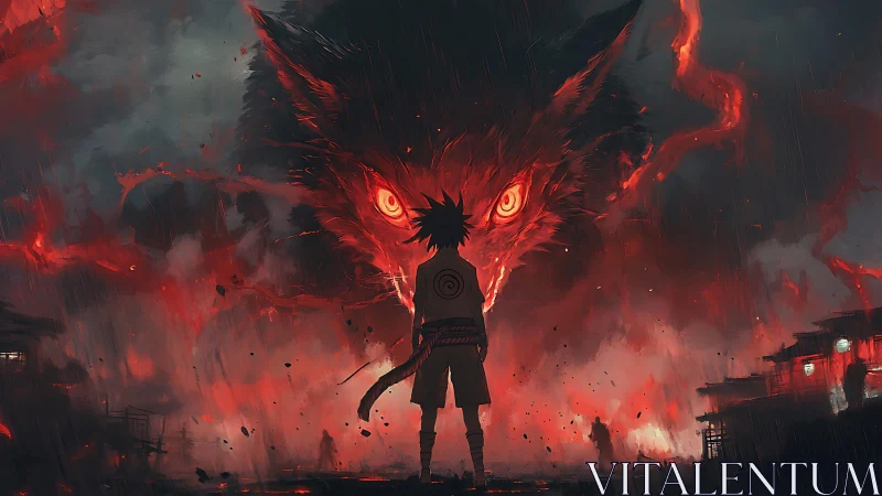 Boy confronts colossal fiery fox spirit in burning storm