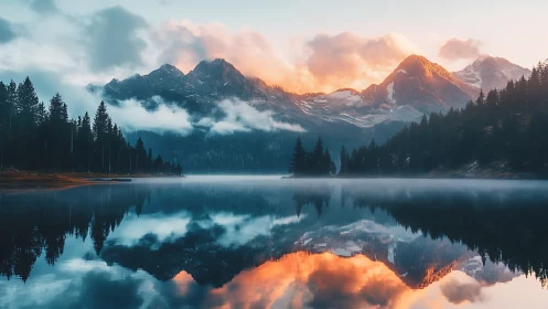 Quiet sunrise over misty mountain lake calms the senses