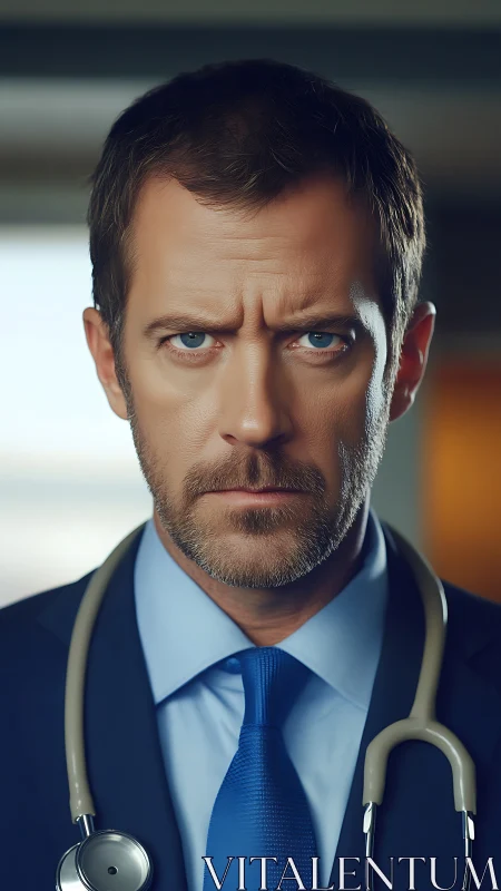 Clinician portrait with stethoscope and analytic gaze in focus.