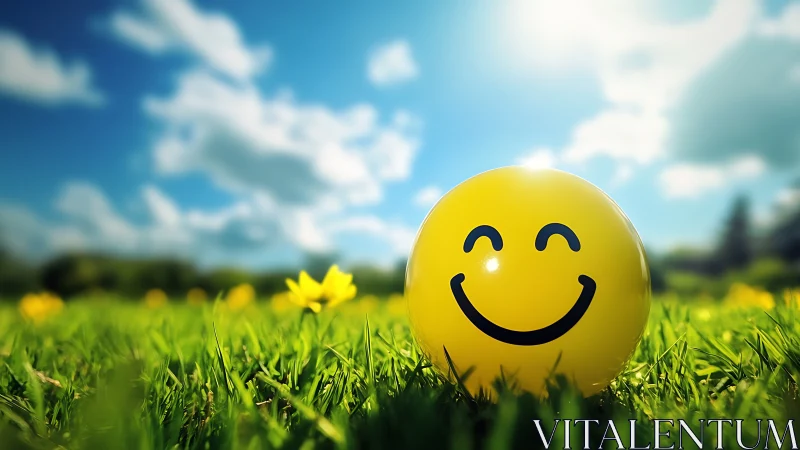 Smiley face ball rests on sunlit grass under blue sky