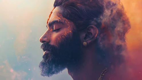 Inner fire and quiet breath in a dreamy cosmic portrait.