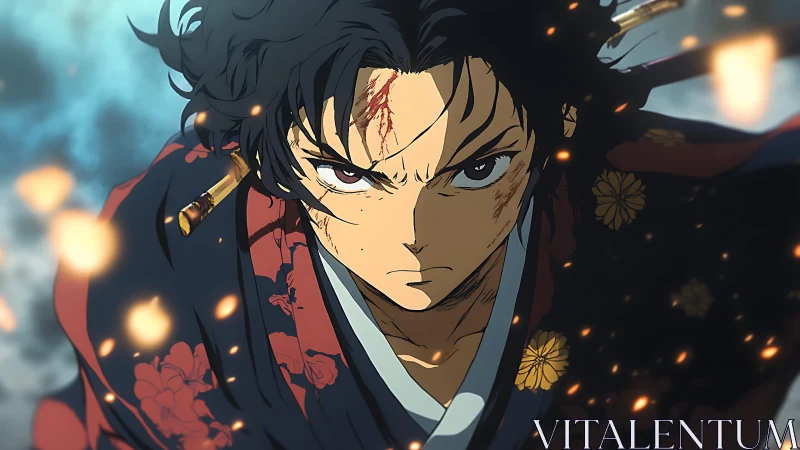 Battle-scorched swordsman storms forward through swirling embers