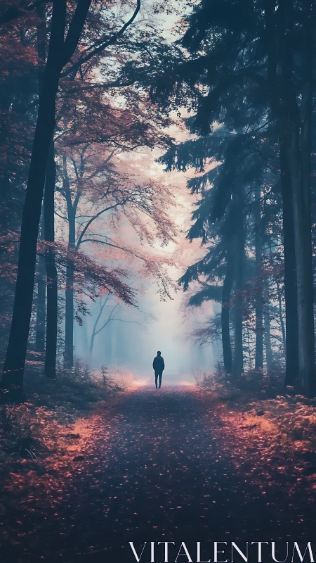 Solitary figure advances through misted, cinematic forest path
