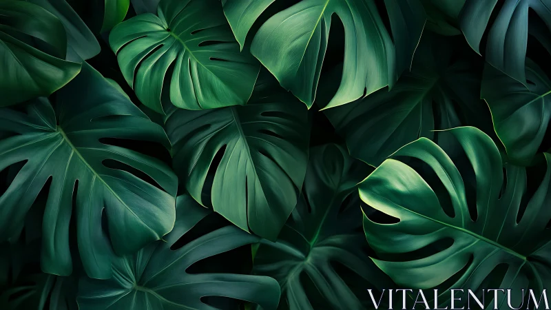 Monstera deliciosa foliage in low-key photoreal lighting