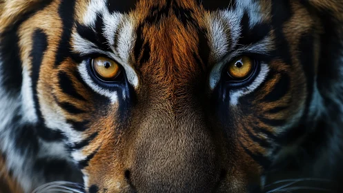 Tiger eyes lock viewer in high contrast striped symmetry.