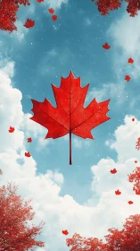 Red maple leaf floating in bright blue autumn sky.