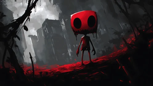 Red-headed shadow figure stands in stylized post-apocalypse