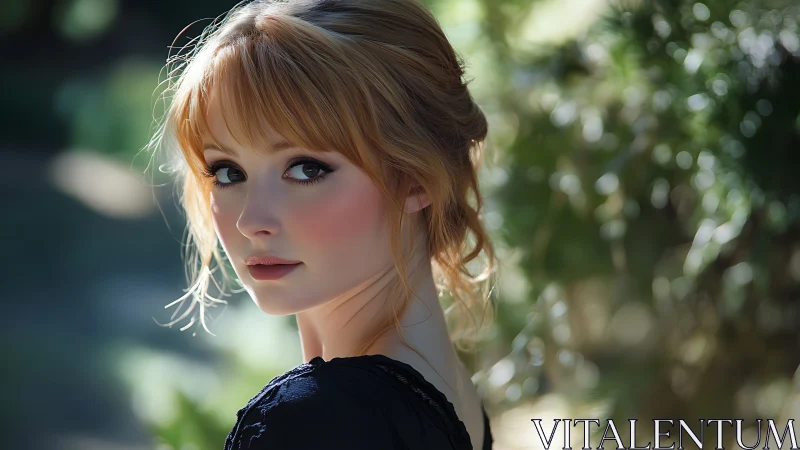 Soft-focus portrait of young woman in garden light.