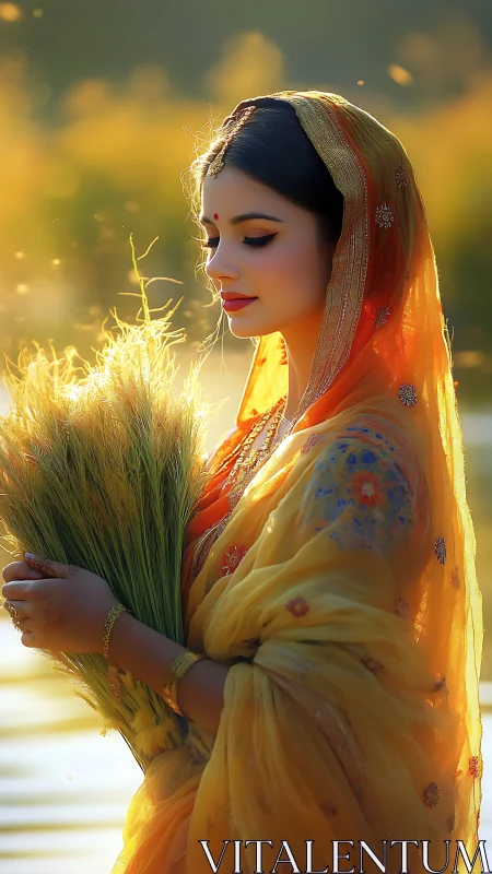 Golden harvest moment with serene village woman in sunlight.