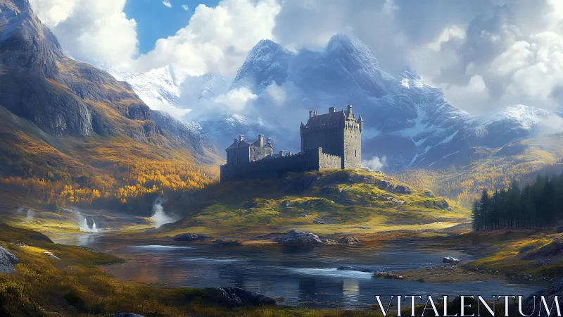 Digital painting of alpine fortress amid luminous valley.