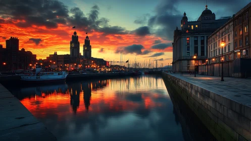 Harbor dusk glow over historic clock towers and calm water.