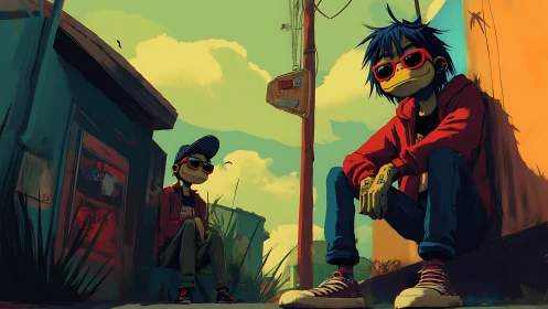 Stylized youths in urban alley with saturated lighting effects.