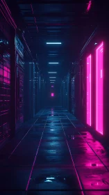 Neon corridor glows with cool blue and vivid magenta light