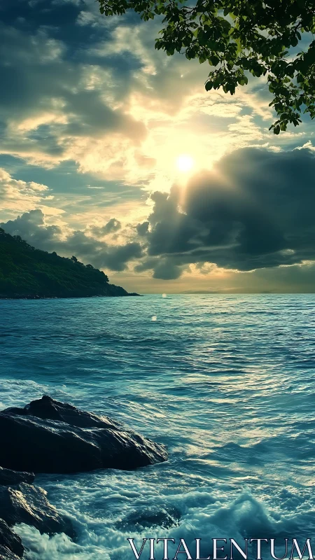 Sunlit ocean horizon with gentle waves and soft clouds.