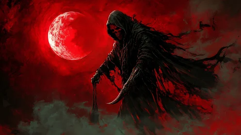 Hooded reaper silhouette under saturated crimson lunar halo.