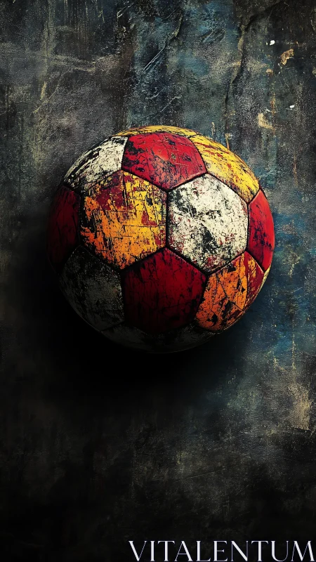 Weathered football rests against dark textured wall.
