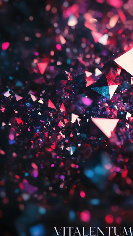 Prismatic neon triangles drift through deep cosmic void.