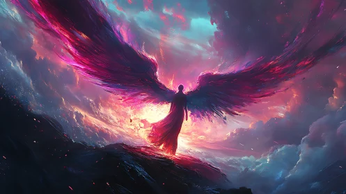Luminous winged guardian rising through stormlit skies.