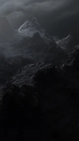 Stormlit obsidian peaks under brooding midnight clouds.