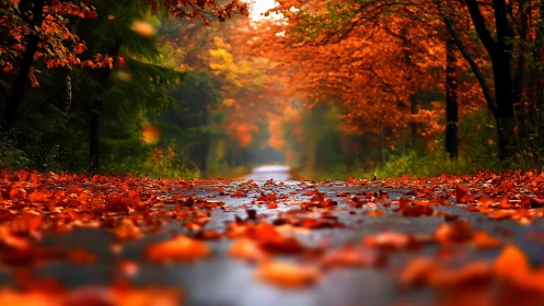 Golden autumn forest road glows beneath a carpet of leaves
