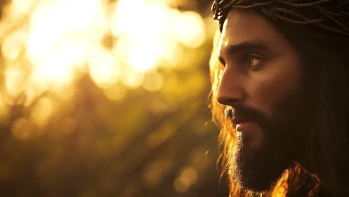 Side profile of robed man with crown of thorns outdoors.