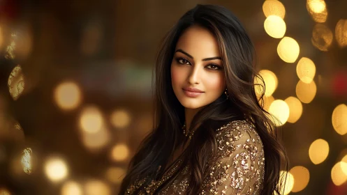 Glowing portrait of elegant woman amid golden bokeh lights.