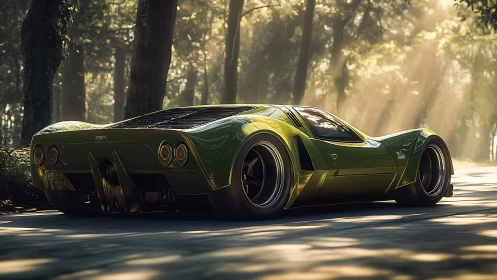 Green sports car parked on forest road in soft daylight.