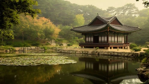 Traditional Korean pavilion stands over still reflective pond