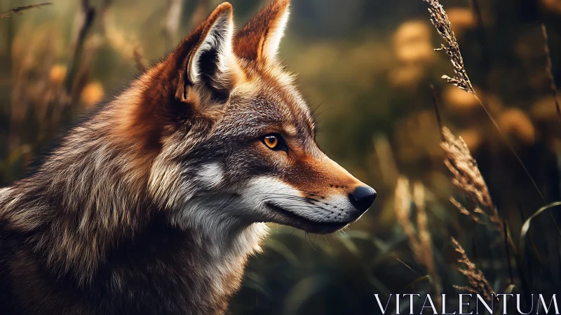 Fox profile in dusk meadow with cinematic shallow focus.