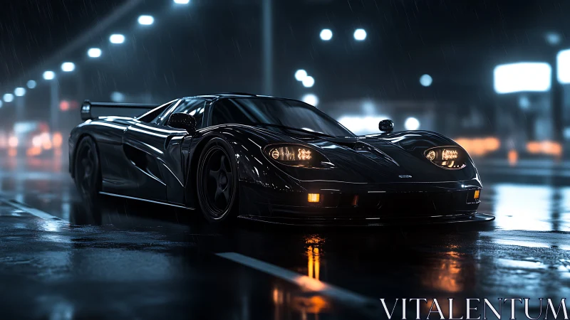 Midnight black supercar cuts through wet neon highway.
