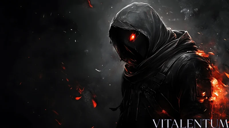 Hooded figure with glowing red eyes emerges from burning smoke