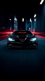 Midnight black sports car framed by neon motion trails.